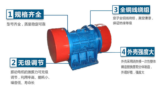 VB振動電機特點：1，規格齊全：型號齊全，質量穩定可靠。2，無極調節：振動電機的激振力可無極調節，利用率高，能耗小，噪音低，壽命長。4，外殼輕度大：外殼采用消失模一次性整體鑄造替換原有分體制造，外觀好看，強度大。