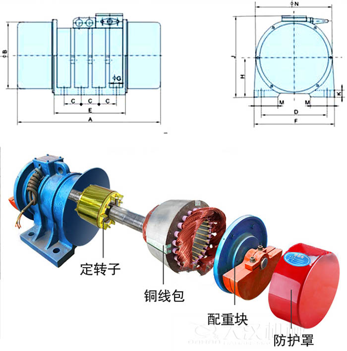 ZFB倉(cāng)壁振動(dòng)器外形尺寸字母代表：A為整機(jī)長(zhǎng)度F為整機(jī)寬度B為主機(jī)寬度等。結(jié)構(gòu)：定轉(zhuǎn)子，銅線(xiàn)包，配重塊，防護(hù)罩等。