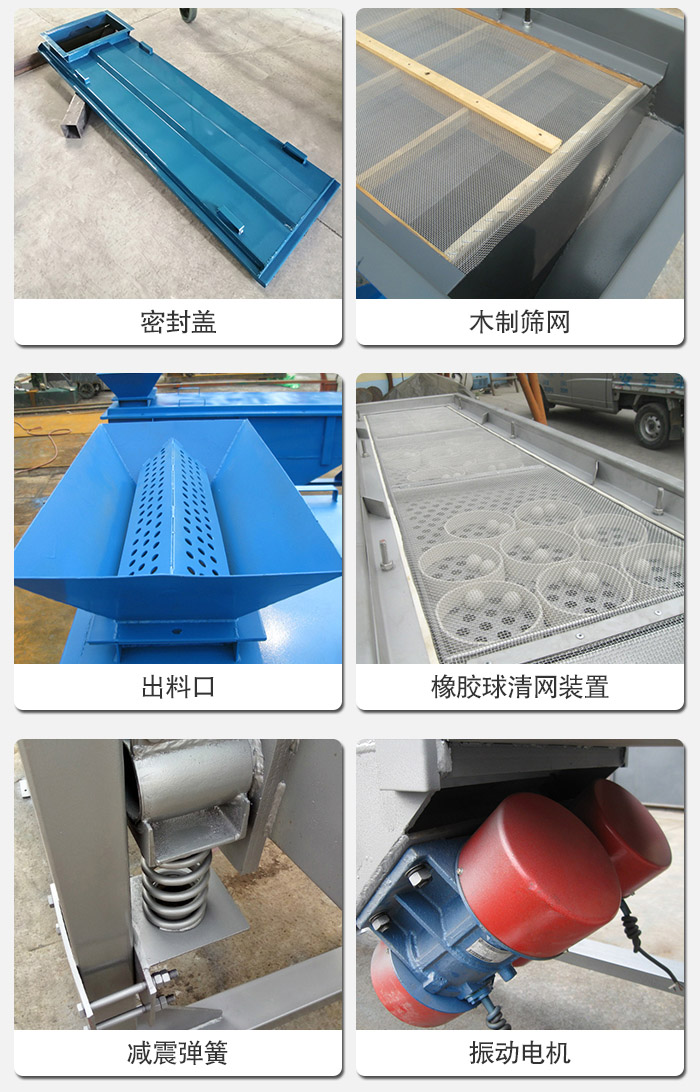 直線篩分機的結構展示圖：篩箱是物料主要篩分設備之一，篩網用于篩分物料，振動電機幫助篩網篩分。