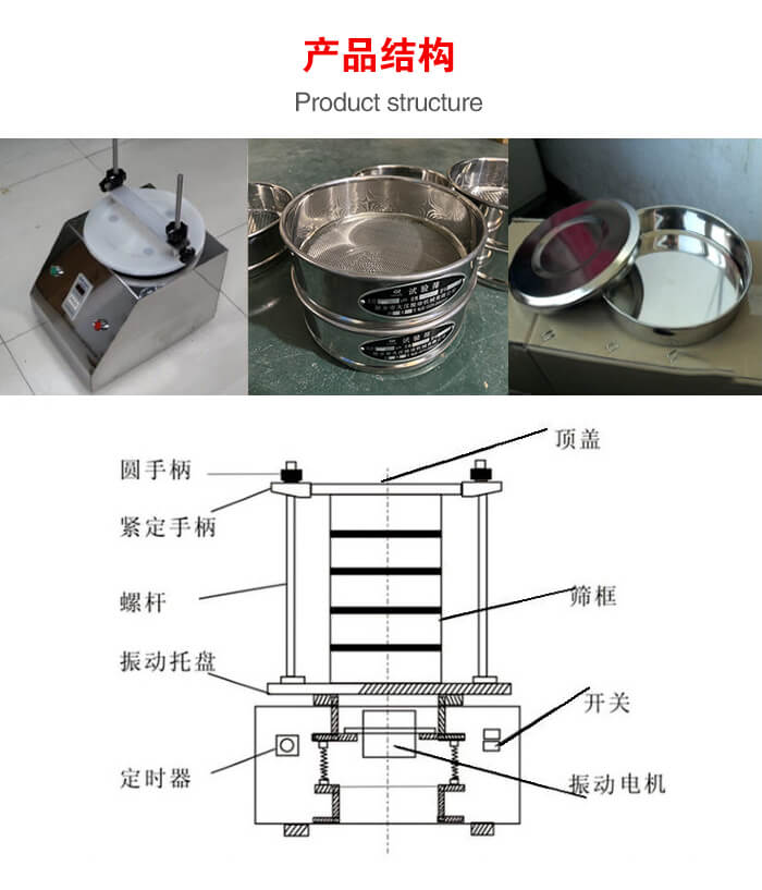 實驗室振動篩-試驗篩結構主要由：圓手柄，緊定手柄，螺桿，振動托盤，篩框，頂蓋等。