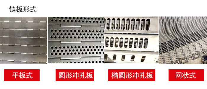 鏈板輸送機鏈板的不同形式：平板式，圓形沖孔板，網狀式等